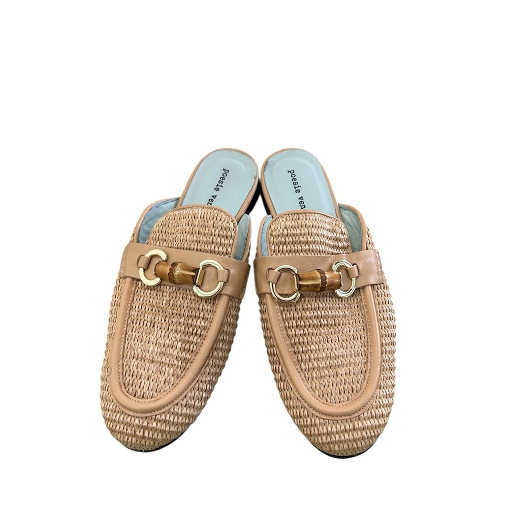 poesie veneziane tan Woven Mules Bamboo gold horsebit buckle leather sole EU38